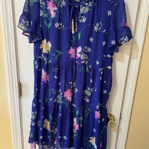 DKNY Women’s Size 10 Blue Floral Chiffon Tiered Midi Dress 🌸
